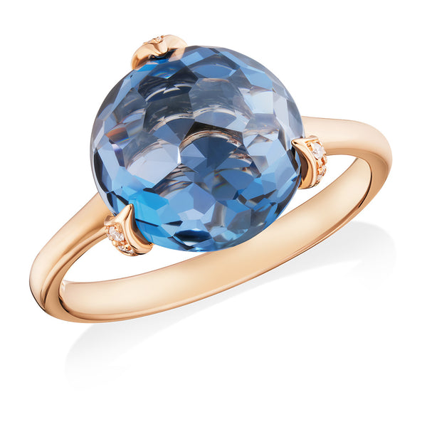 18ct Rose Gold Three Claw Set Multi-Faceted Cut London Blue Topaz and Round Brilliant Cut Diamond Ring