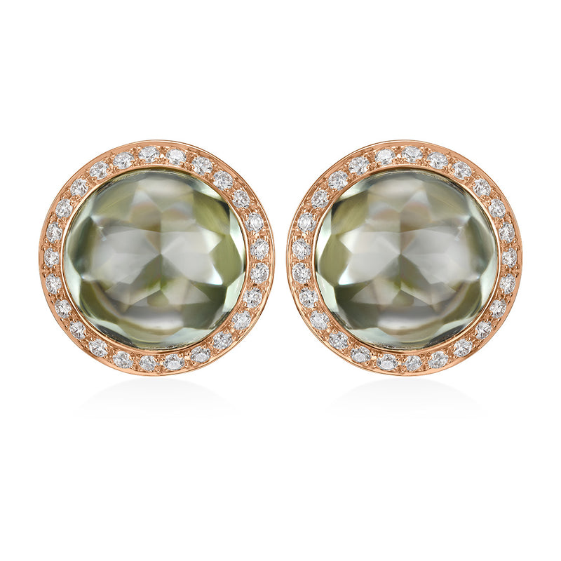 18ct Rose Gold Rub Set Cabochon Cut Green Amethyst and Round Brilliant Cut Diamond Halo Cluster Stud Earrings
