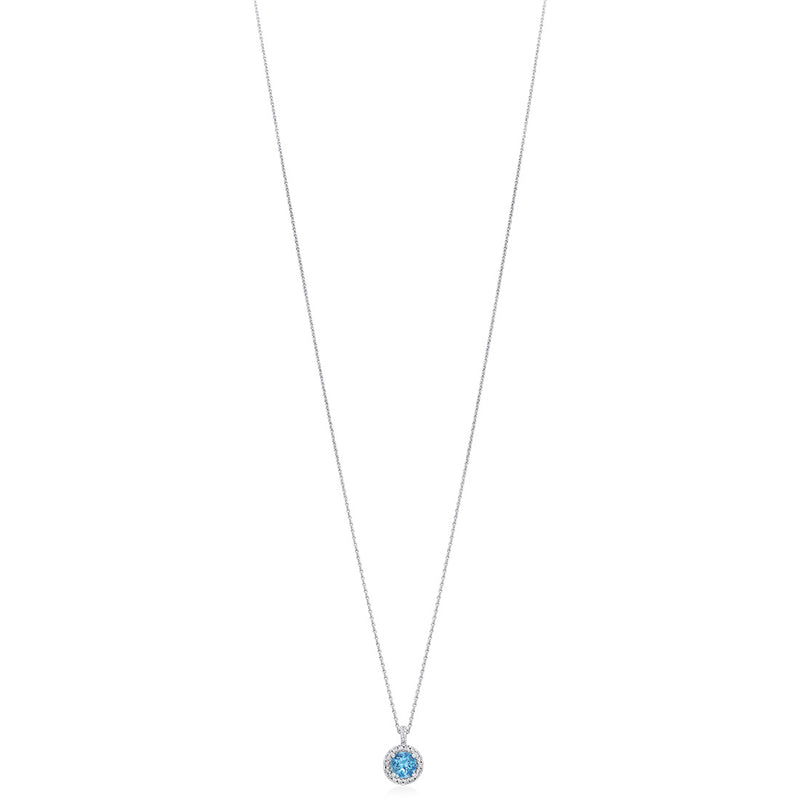18ct White Gold Round Cut Aquamarine and Round Brilliant Cut Diamond Halo Cluster Pendant and Chain