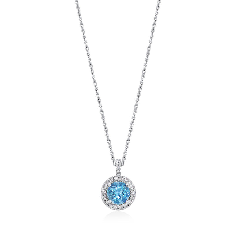 18ct White Gold Round Cut Aquamarine and Round Brilliant Cut Diamond Halo Cluster Pendant and Chain