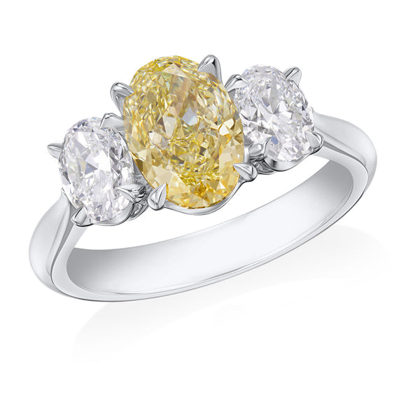 Mallory Platinum Three Stone Four Claw Set Oval Cut Natural Fancy Yellow Diamond and Oval Cut Diamond Ring