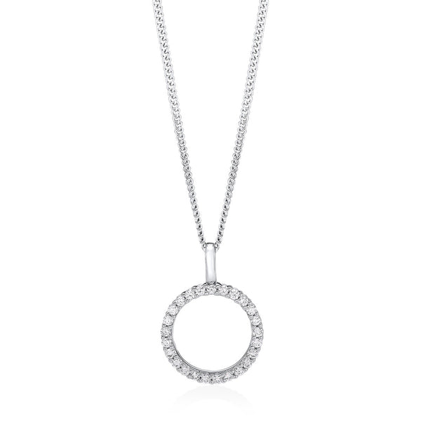 18ct White Gold Grain Set Round Brilliant Cut Diamond Circular Pendant and Chain