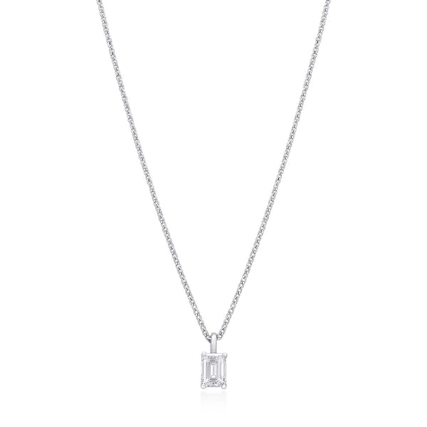 18ct White Gold Four Claw Set Emerald Cut Diamond Pendant and Chain