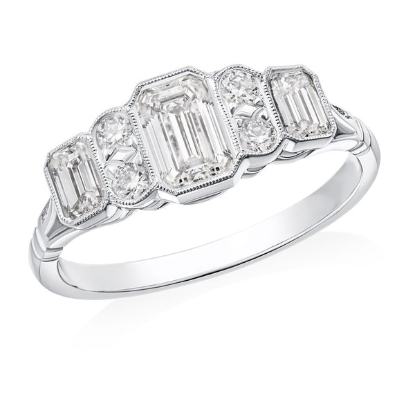 Pre-Owned Remodelled Platinum Seven Stone Graduated Milgrain Edge Rub Set Emerald Cut and Transitional Cut Diamond Ring