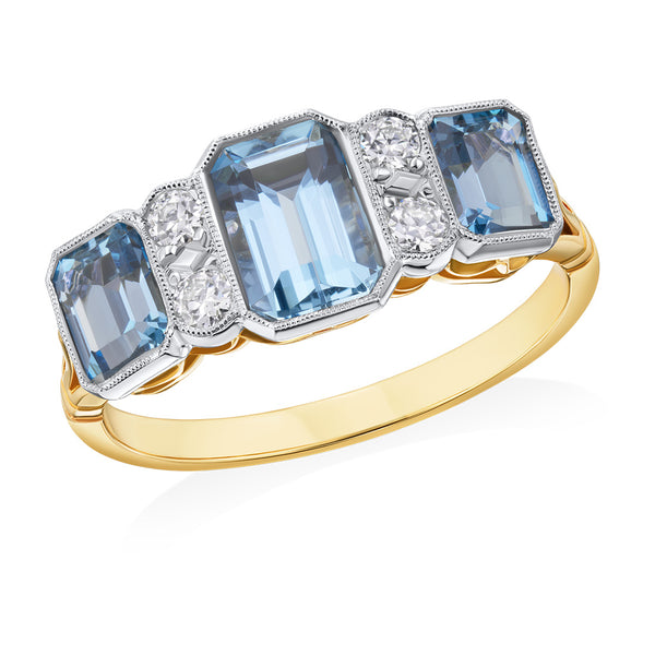 Pre-Owned Remodelled 18ct Yellow Gold and Platinum Seven Stone Milgrain Edge Rub Set Emerald Cut Aquamarine and Round Brilliant Cut Diamond Ring