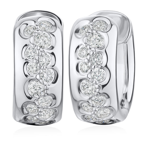 18ct White Gold Polished Rub Set Round Brilliant Cut Diamond Hoop Earrings