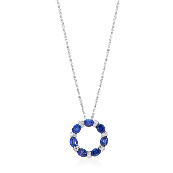 18ct White Gold Oval Cut Sapphire and Round Brilliant Cut Diamond Circular Pendant and Chain