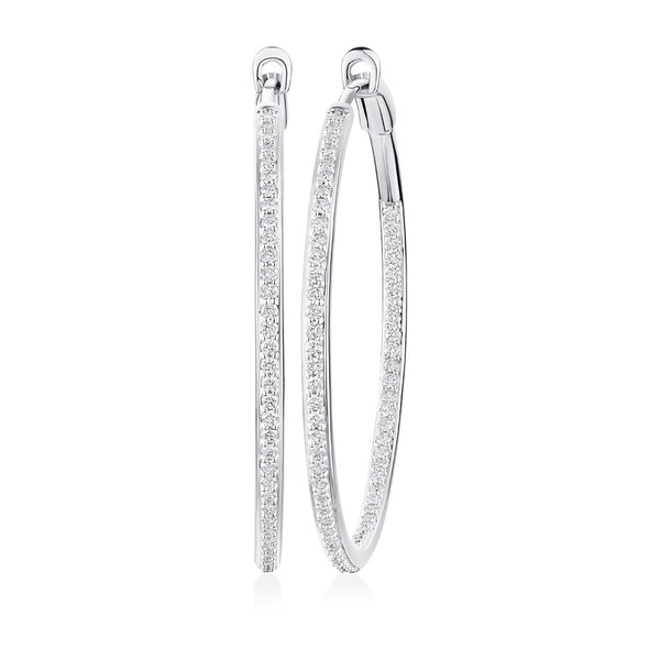 18ct White Gold Pave Set Round Brilliant Cut Diamond Hoop Earrings
