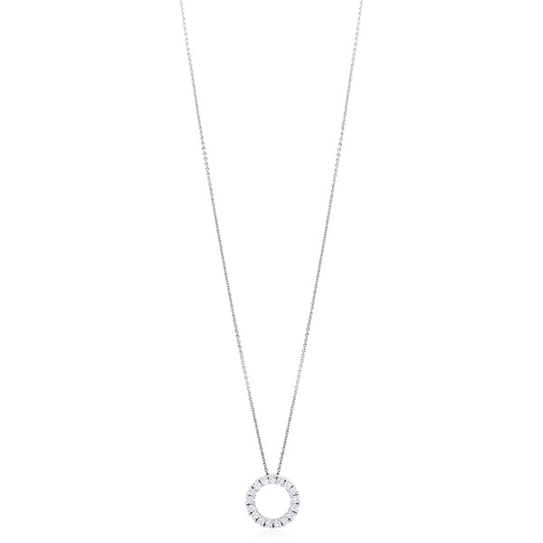 18ct White Gold Four Claw Set Round Brilliant Cut Diamond Circular Pendant and Chain