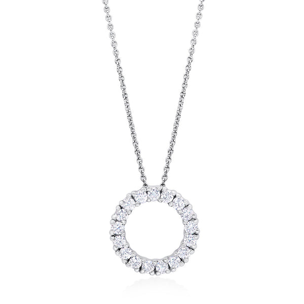 18ct White Gold Four Claw Set Round Brilliant Cut Diamond Circular Pendant and Chain
