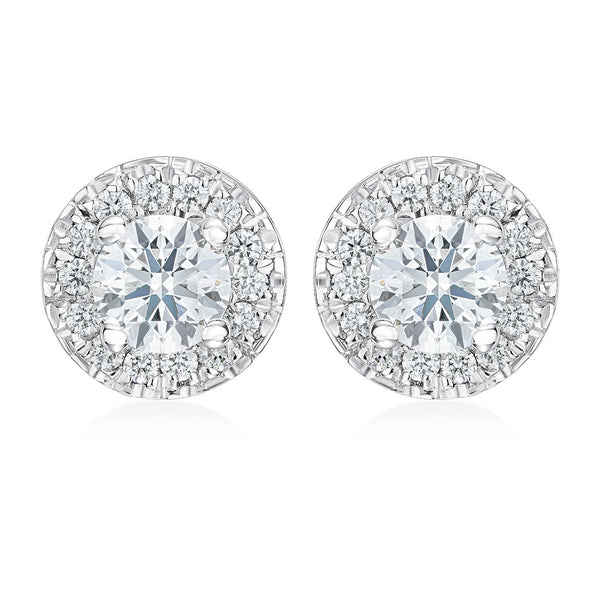 18ct White Gold Four Claw Set Round Brilliant Cut Diamond Halo Cluster Stud Earrings