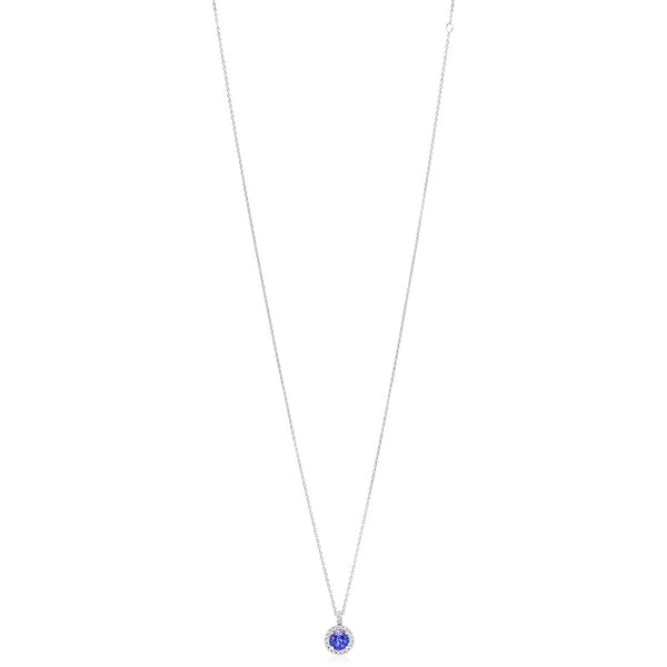 18ct White Gold Four Claw Set Round Cut Tanzanite and Round Brilliant Cut Diamond Halo Cluster Pendant and Chain