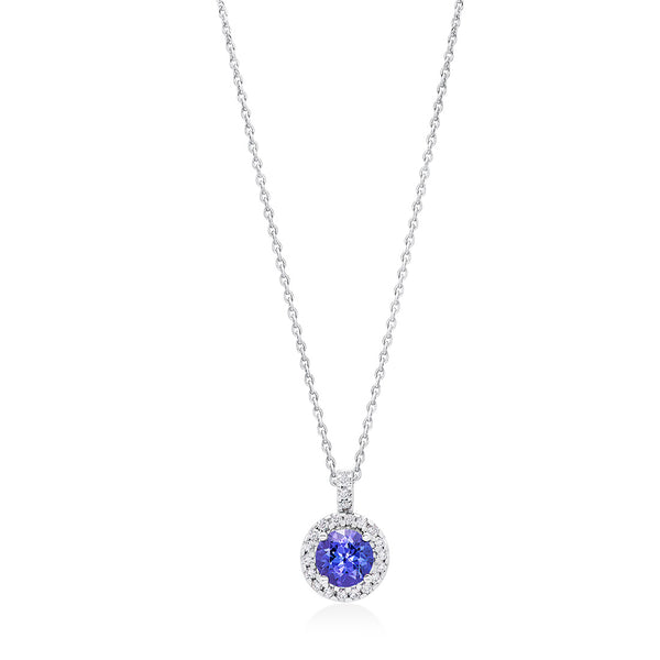 18ct White Gold Four Claw Set Round Cut Tanzanite and Round Brilliant Cut Diamond Halo Cluster Pendant and Chain