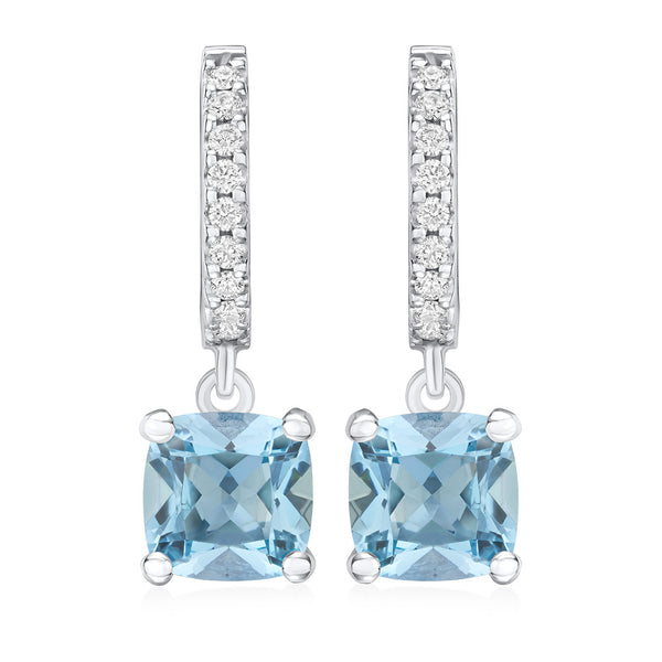 18ct White Gold Four Claw Set Cushion Cut Aquamarine and Round Brilliant Cut Diamond Drop Earrings
