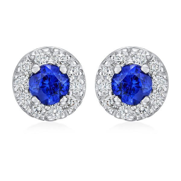 18ct White Gold Four Claw Set Round Cut Sapphire and Round Brilliant Cut Diamond Halo Cluster Stud Earrings