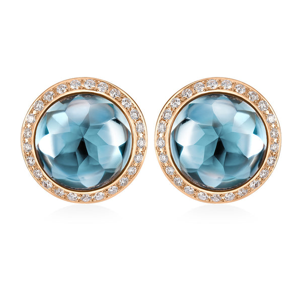 18ct Rose Gold Rub Set Cabochon Cut Blue Topaz and Round Brilliant Cut Diamond Halo Cluster Stud Earrings