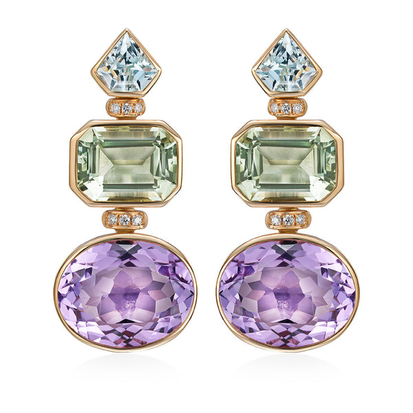 18ct Rose Gold Rub Set Mixed Cut Mixed Gemstone and Round Brilliant Cut Diamond Drop Earrings