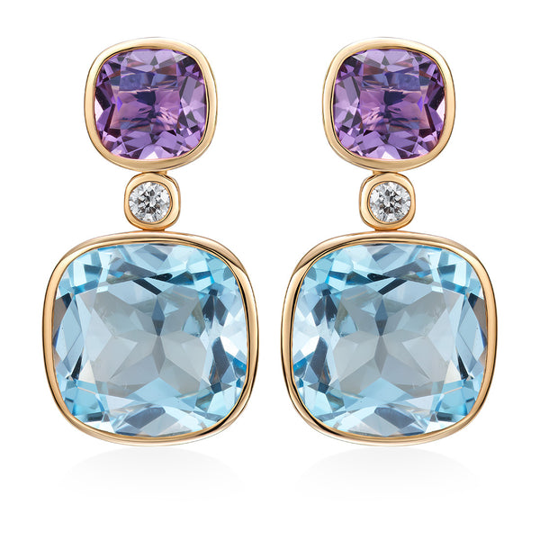 18ct Rose Gold Rub Set Mixed Cut Amethyst, Blue Topaz and Round Brilliant Cut Diamond Drop Earrings