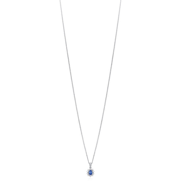 18ct White Gold Oval Cut Sapphire and Round Brilliant Cut Diamond Cluster Pendant and Chain