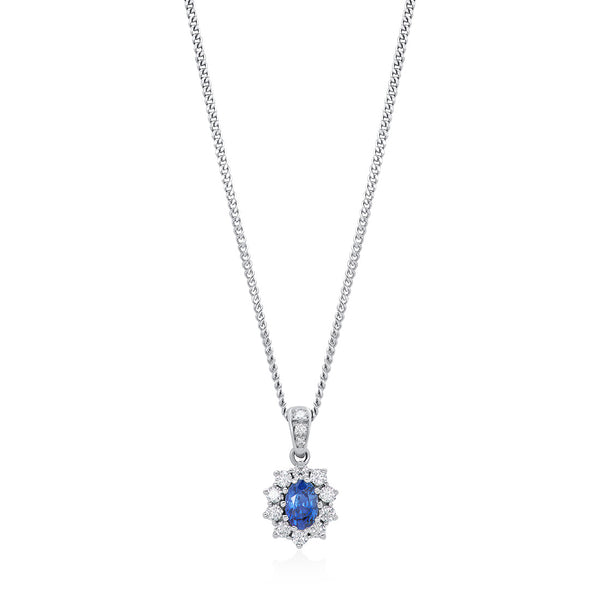 18ct White Gold Oval Cut Sapphire and Round Brilliant Cut Diamond Cluster Pendant and Chain
