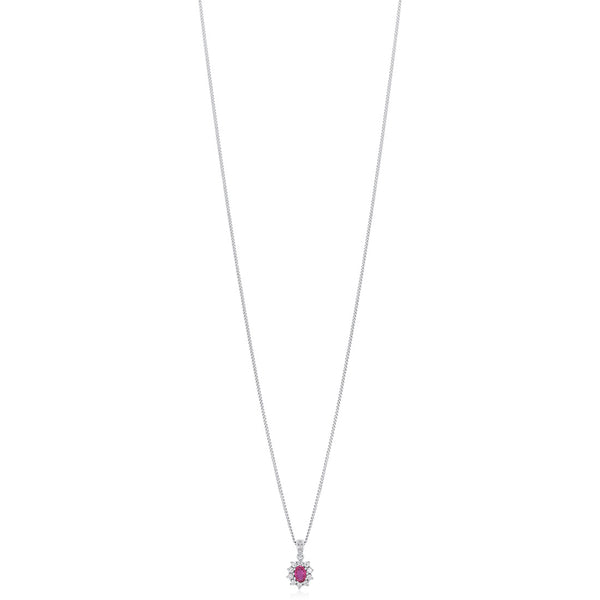18ct White Gold Oval Cut Ruby and Round Brilliant Cut Diamond Cluster Pendant and Chain
