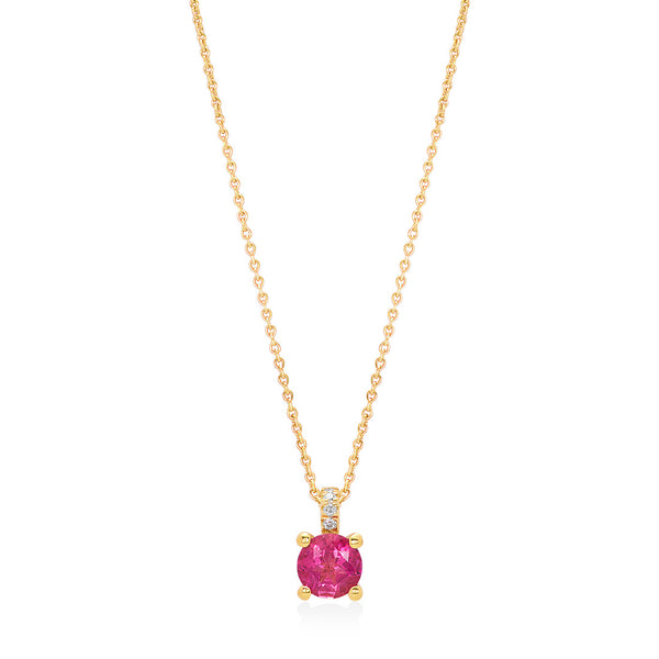 18ct Rose Gold Four Claw Set Round Cut Pink Tourmaline and Round Brilliant Cut Diamond Pendant and Chain