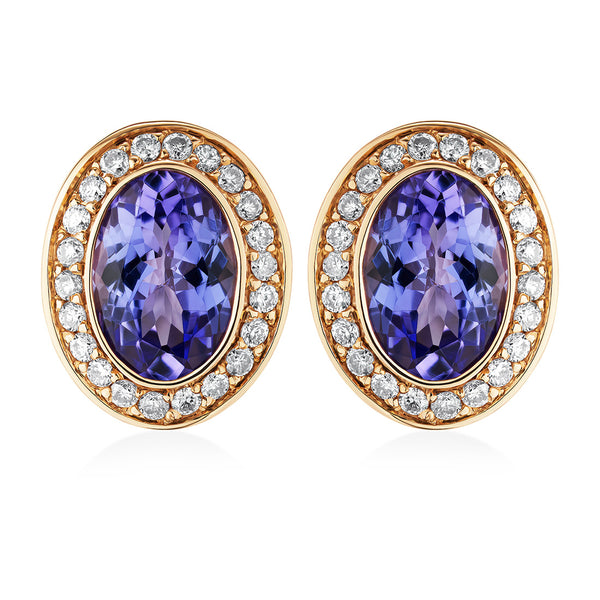 18ct Rose and White Gold Rub Set Oval Cut Tanzanite and Round Brilliant Cut Diamond Halo Cluster Stud Earrings