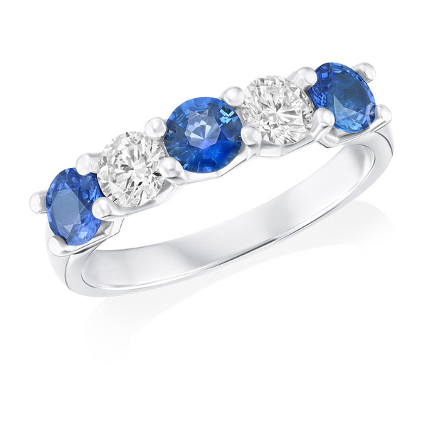 Platinum Four Claw Set Round Cut Sapphire and Round Brilliant Cut Diamond Half Eternity Ring