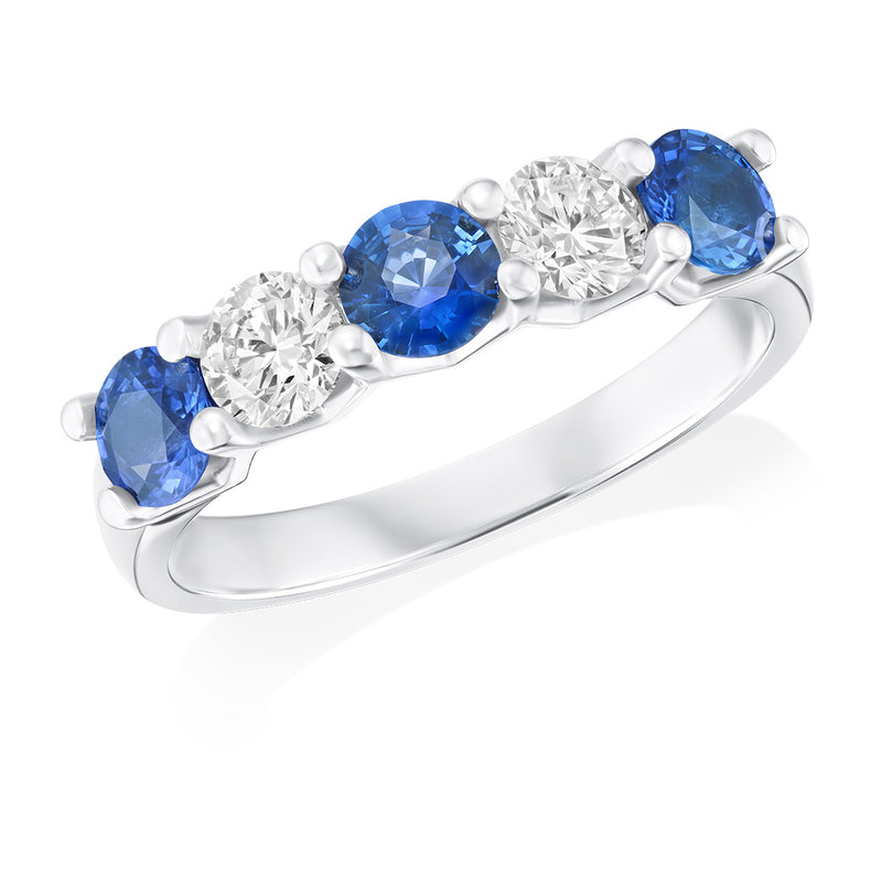 Platinum Four Claw Set Round Cut Sapphire and Round Brilliant Cut Diamond Half Eternity Ring