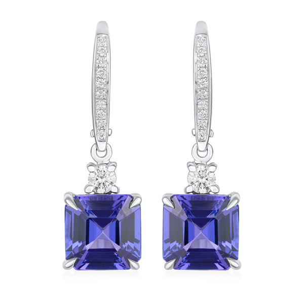 18ct White Gold Four Claw Set Princess Cut Tanzanite and Round Brilliant Cut Diamond Drop Earrings