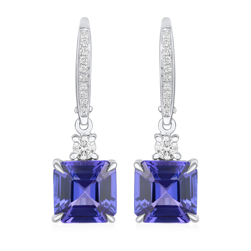 18ct White Gold Four Claw Set Princess Cut Tanzanite and Round Brilliant Cut Diamond Drop Earrings