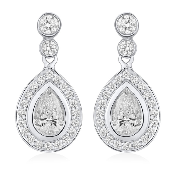 18ct White Gold Rub Set Pear Shaped and Round Brilliant Cut Diamond Halo Cluster Drop Earrings