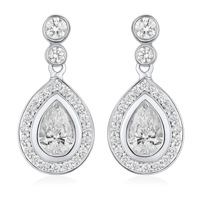 18ct White Gold Rub Set Pear Shaped and Round Brilliant Cut Diamond Halo Cluster Drop Earrings