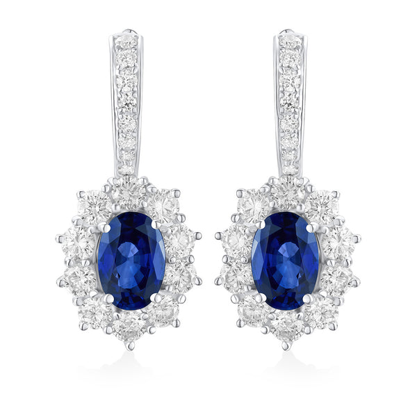 18ct White Gold Claw Set Oval Cut Sapphire and Round Brilliant Cut Diamond Cluster Drop Earrings