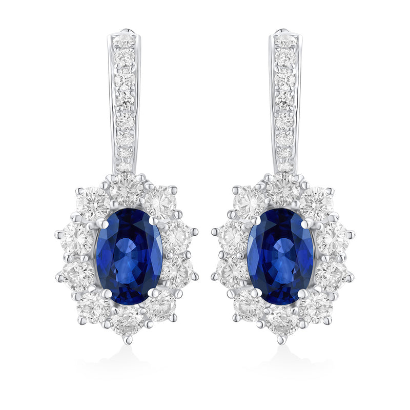 18ct White Gold Claw Set Oval Cut Sapphire and Round Brilliant Cut Diamond Cluster Drop Earrings