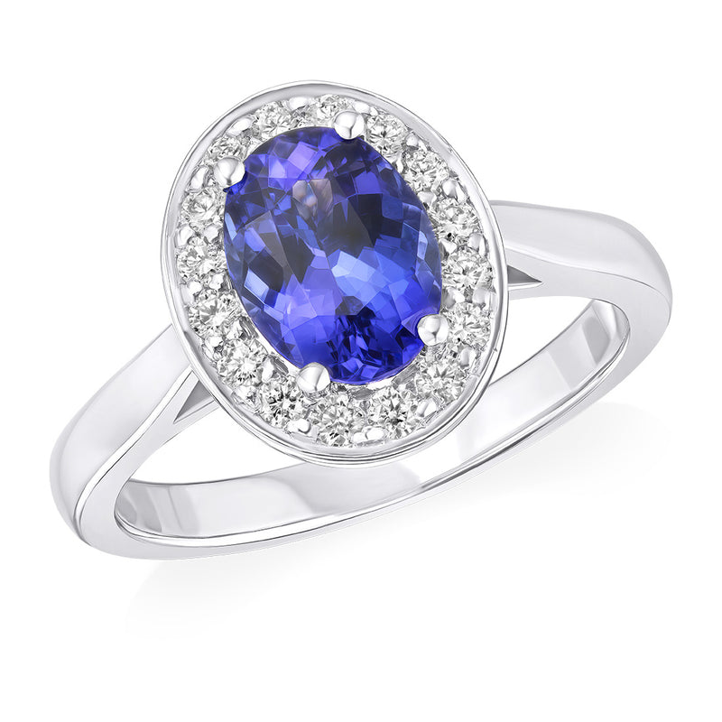 Platinum Four Claw Set Oval Cut Tanzanite Diamond Halo Cluster Ring