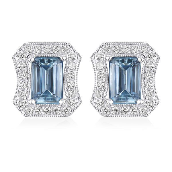 18ct White Gold Four Claw Set Emerald Cut Aquamarine and Round Brilliant Cut Diamond Earrings