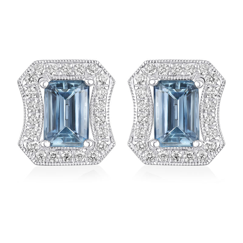 18ct White Gold Four Claw Set Emerald Cut Aquamarine and Round Brilliant Cut Diamond Earrings