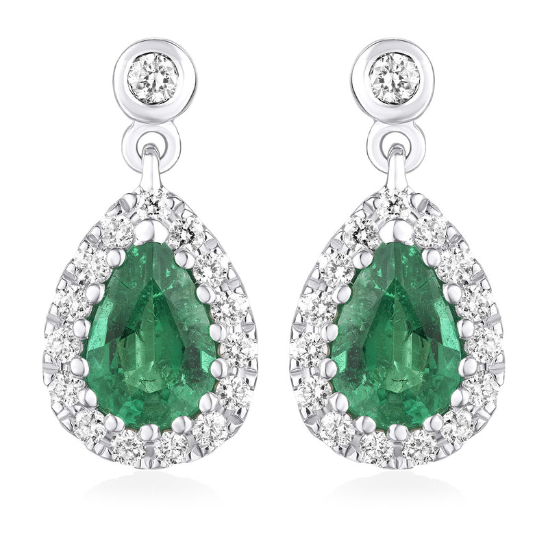 18ct White Gold Claw Set Pear Shaped Emerald and Round Brilliant Cut Diamond Cluster Drop Earrings
