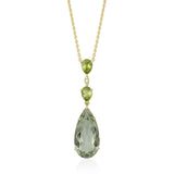 18ct Yellow Gold Five Claw Set Pear Shaped Green Amethyst and Pear Shaped and Peridot Drop Pendant and Chain