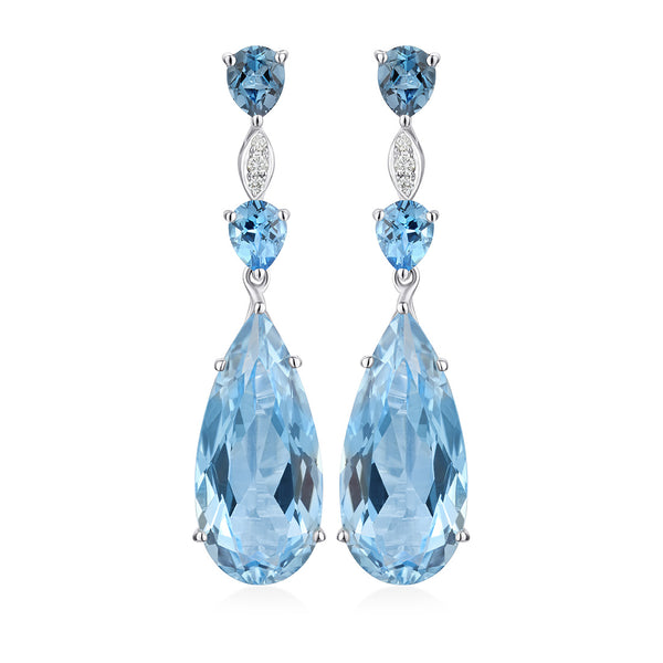 18ct White Gold Five Claw Set Pear Shaped Blue Topaz and London Blue Topaz Drop Earrings