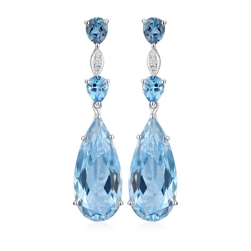 18ct White Gold Five Claw Set Pear Shaped Blue Topaz and London Blue Topaz Drop Earrings
