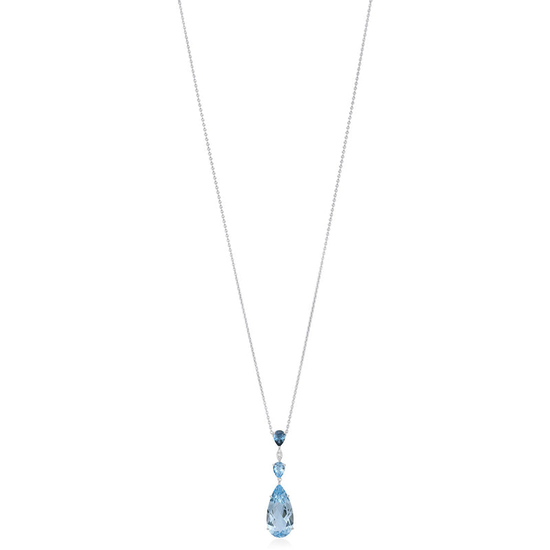 18ct White Gold Five Claw Set Pear Shaped Blue Topaz and Pear Shaped London Blue Topaz Drop Pendant and Chain