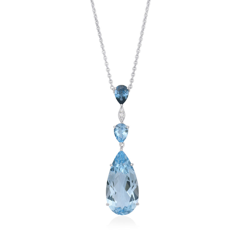 18ct White Gold Five Claw Set Pear Shaped Blue Topaz and Pear Shaped London Blue Topaz Drop Pendant and Chain