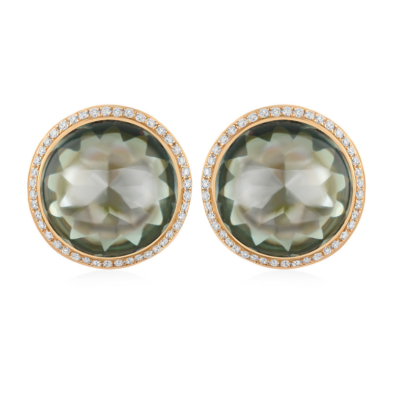 18ct Rose Gold Rub Set Cabochon Cut Green Amethyst and Round Brilliant Cut Diamond Halo Cluster Stud Earrings