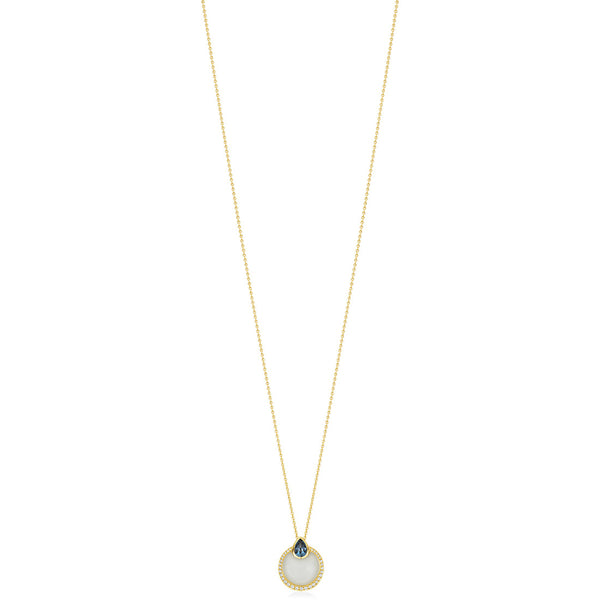 18ct Yellow Gold Rub Set Cabochon Cut Moonstone and Pear Shaped London Blue Topaz Halo Cluster Pendant and Chain