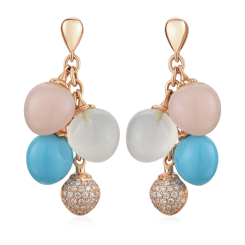 18ct Rose Gold Pink Opal, Turquoise, White Quartz and Diamond Drop Earrings