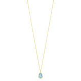 18ct Yellow Gold Rub Set Pear Shaped Blue Topaz and Round Brilliant Cut Diamond Halo Cluster Pendant and Chain