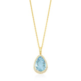 18ct Yellow Gold Rub Set Pear Shaped Blue Topaz and Round Brilliant Cut Diamond Halo Cluster Pendant and Chain