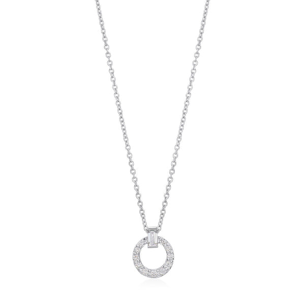 18ct White Gold Grain Set Round Brilliant Cut Diamond and Baguette Cut and Diamond Circular Pendant and Chain
